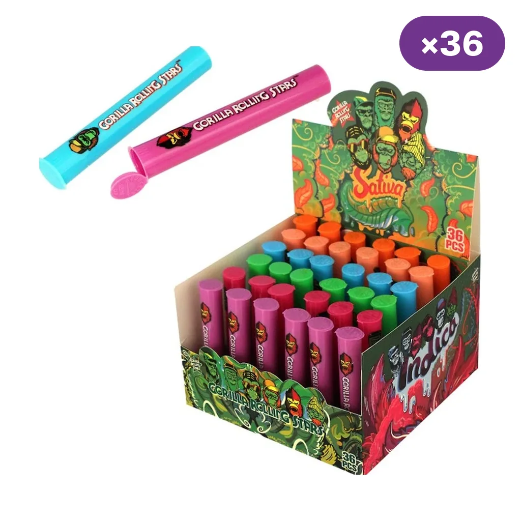 Expositor de tubos guarda cigarros Gorilla Rolling Stars de varios colores, con dos tubos ampliados y distintivo de 36 unidades.