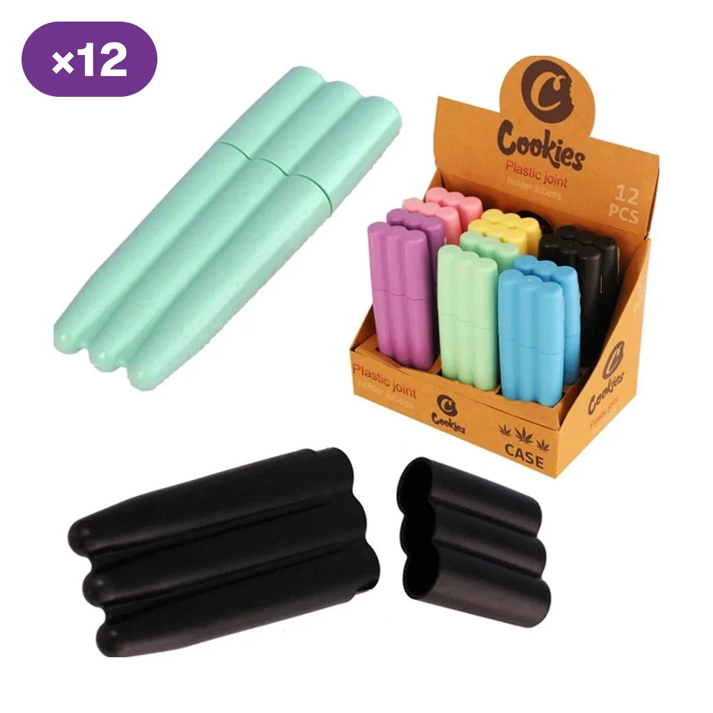 Guardacigarros de tres tubos unidos en varios colores, con modelos menta y negro mostrados aparte y expositor Cookies marcado ×12.