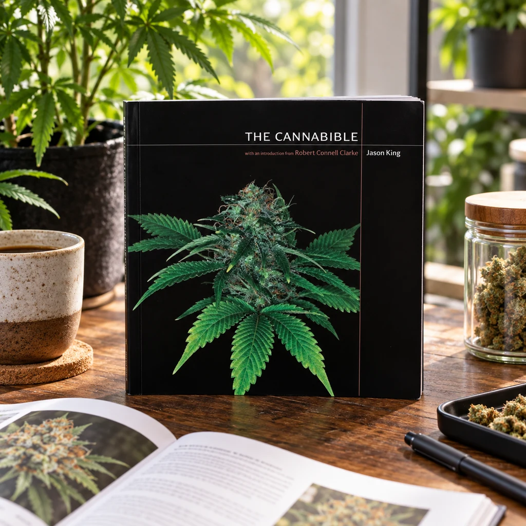 The Cannabible de Jason King sobre una mesa de madera, junto a un libro abierto, una taza, un tarro con cogollos y plantas al fondo. The Cannabible de Jason King sobre una mesa de madera, junto a un libro abierto, una taza, un tarro con cogollos y plantas al fondo.