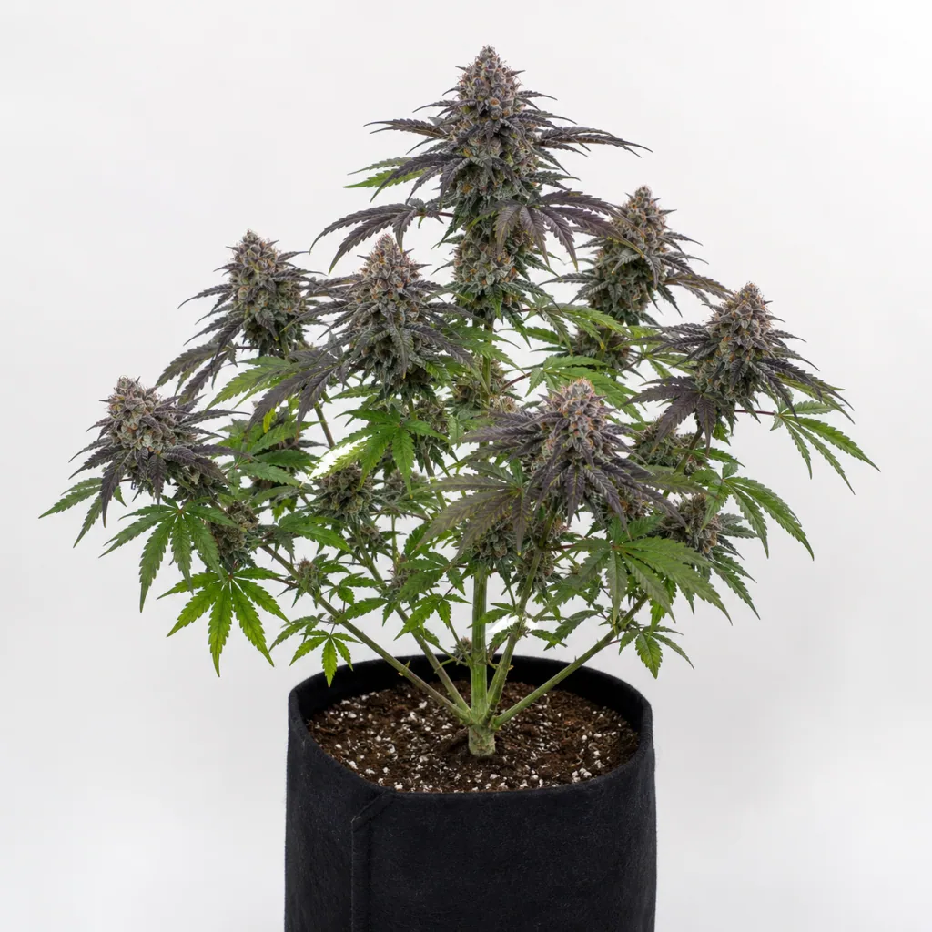 Planta de Guzzlerz Feminizada en floración, con cogollos de tonos morados y hojas verdes, en maceta textil negra sobre fondo blanco.