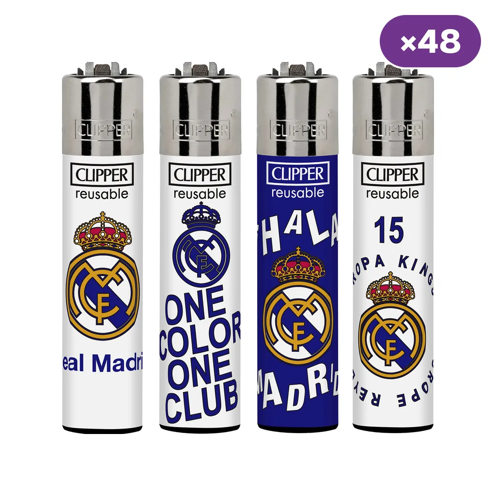 Cuatro diseños de encendedores Clipper con escudos del Real Madrid y motivos blancos y azules, junto al distintivo «×48».