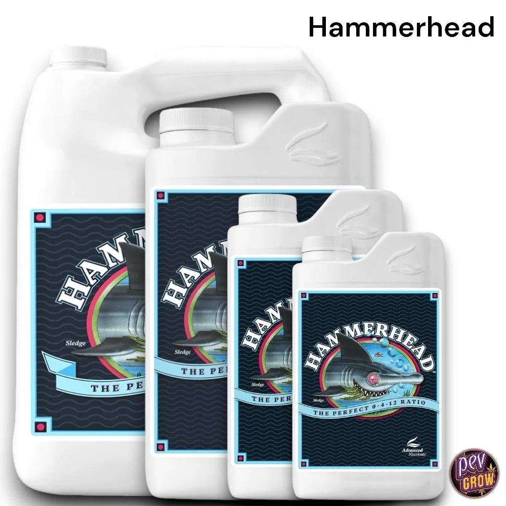 Selección de formatos de Hammerhead de Advanced Nutrients en envases blancos con etiquetas oscuras y un tiburón ilustrado.