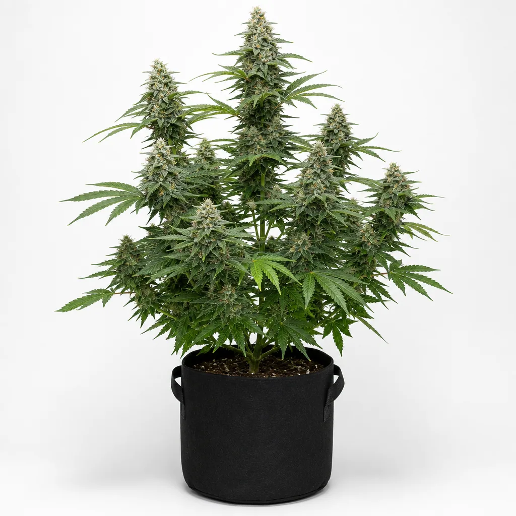 Planta de Hash Burger Feminizada en floración, con varias colas florales y hojas verdes en una maceta negra con asas sobre fondo blanco.