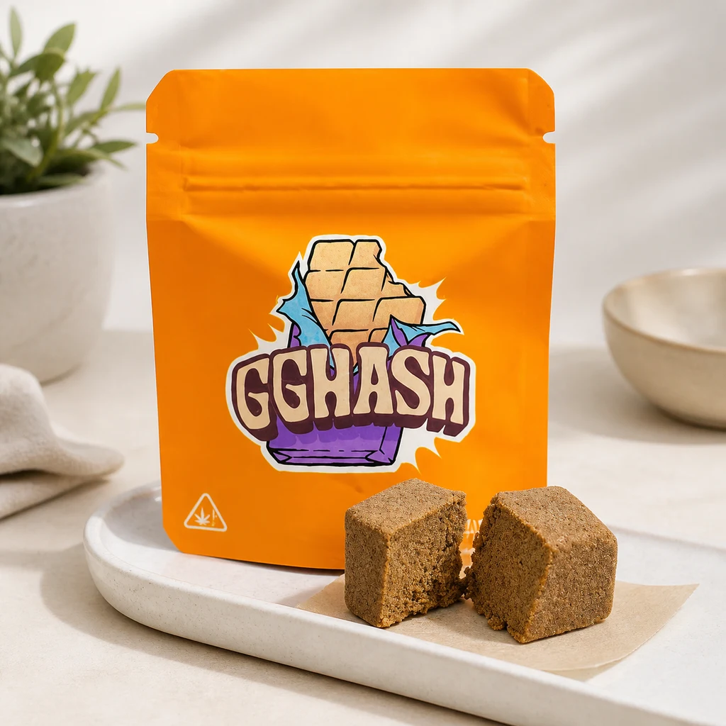 Escena generada de resina Papaya Gorilla Grillz: dos bloques marrones sobre una bandeja clara, delante de una bolsa naranja rotulada «GGHASH».
