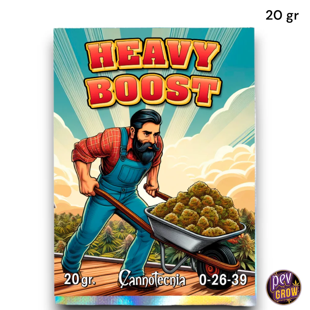 Envase de Heavy Boost Cannotecnia de 20 g, con fórmula 0-26-39 y una ilustración de un hombre empujando una carretilla con cogollos.