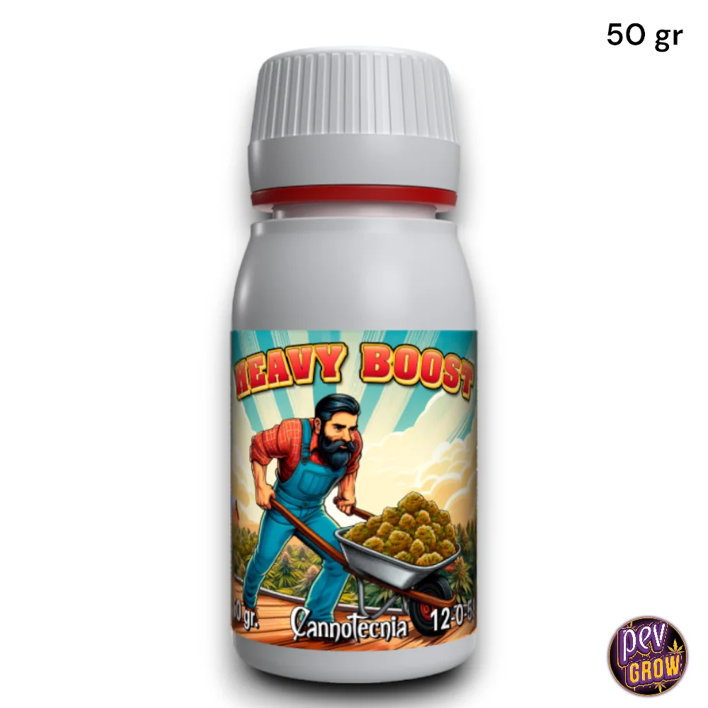 Bote de Heavy Boost de 50 g con tapón gris y etiqueta ilustrada con un hombre llevando una carretilla cargada de cogollos.