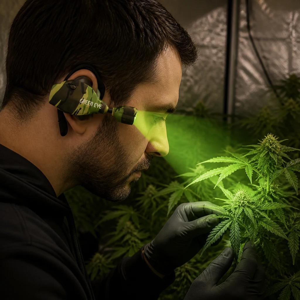 Escena generada de una persona con guantes examinando flores de cannabis con una lámpara Green Eye junto a la oreja que proyecta luz verde.