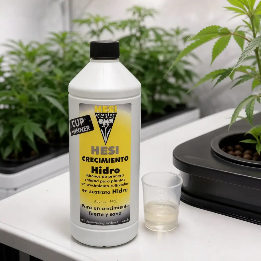Botella de HESI Crecimiento Hidro con etiqueta amarilla junto a un vaso medidor con líquido, sobre una mesa entre plantas de cultivo.