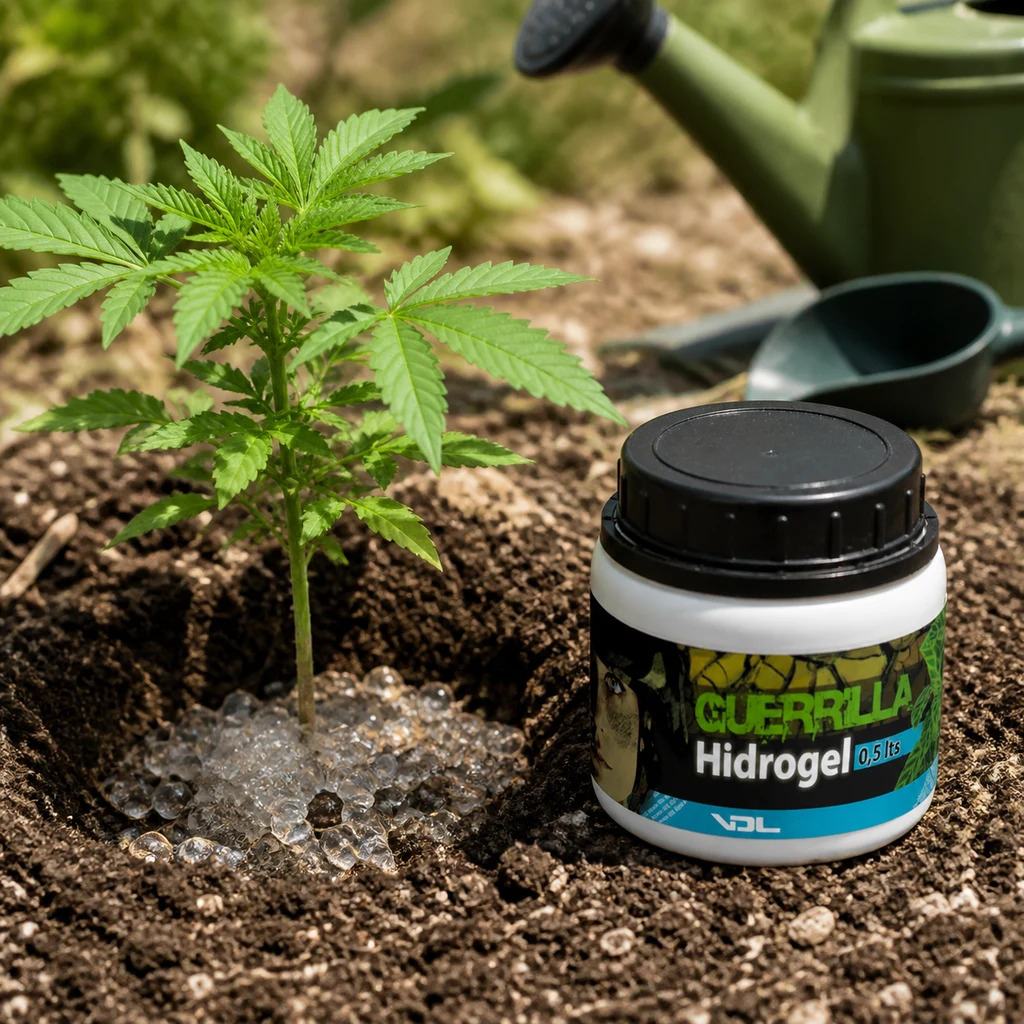 Bote de Hidrogel Guerrilla VDL junto a una planta joven de cannabis con gránulos transparentes sobre la tierra alrededor del tallo.