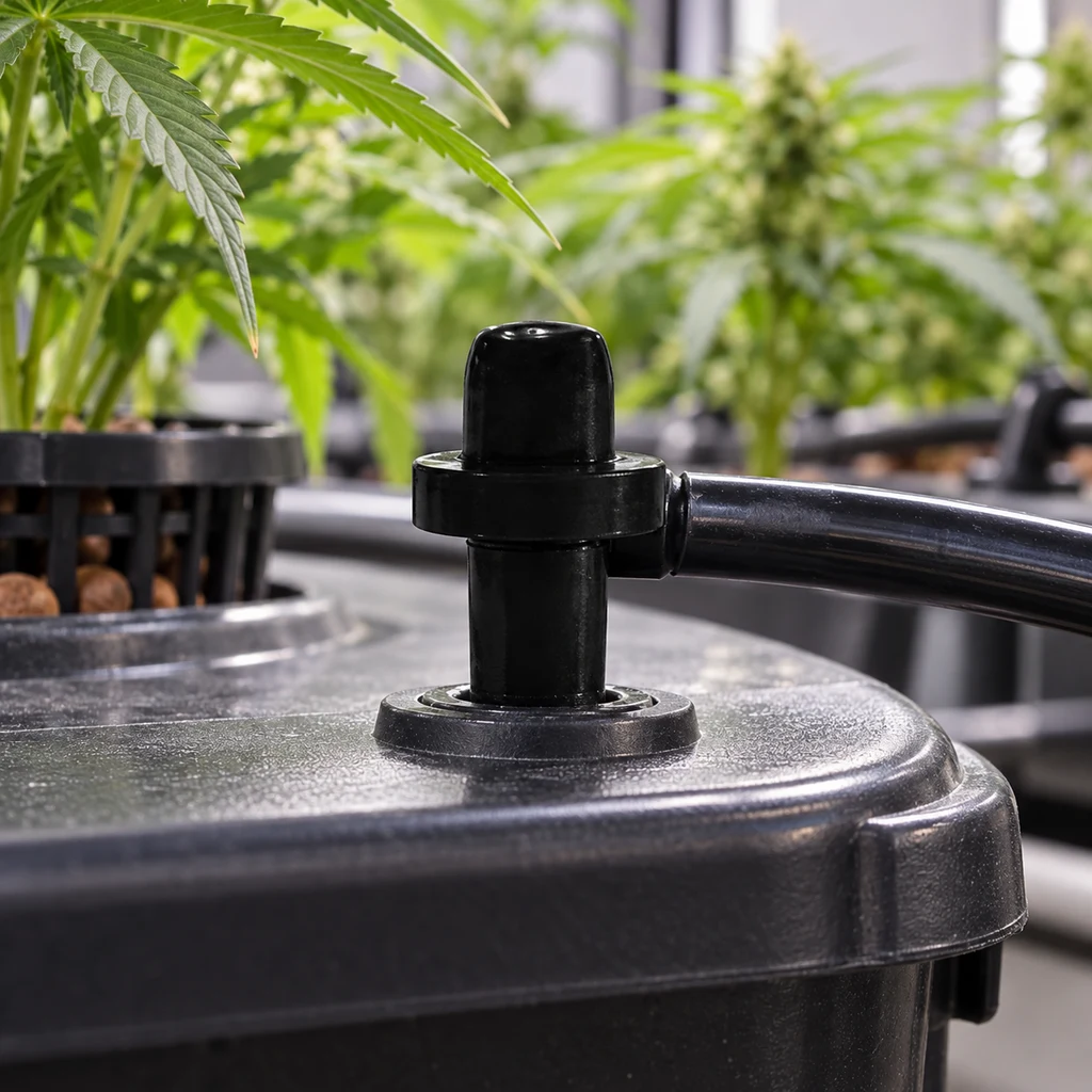 Conector negro montado en la tapa de un depósito y unido a una manguera lateral, con plantas de cannabis desenfocadas al fondo.