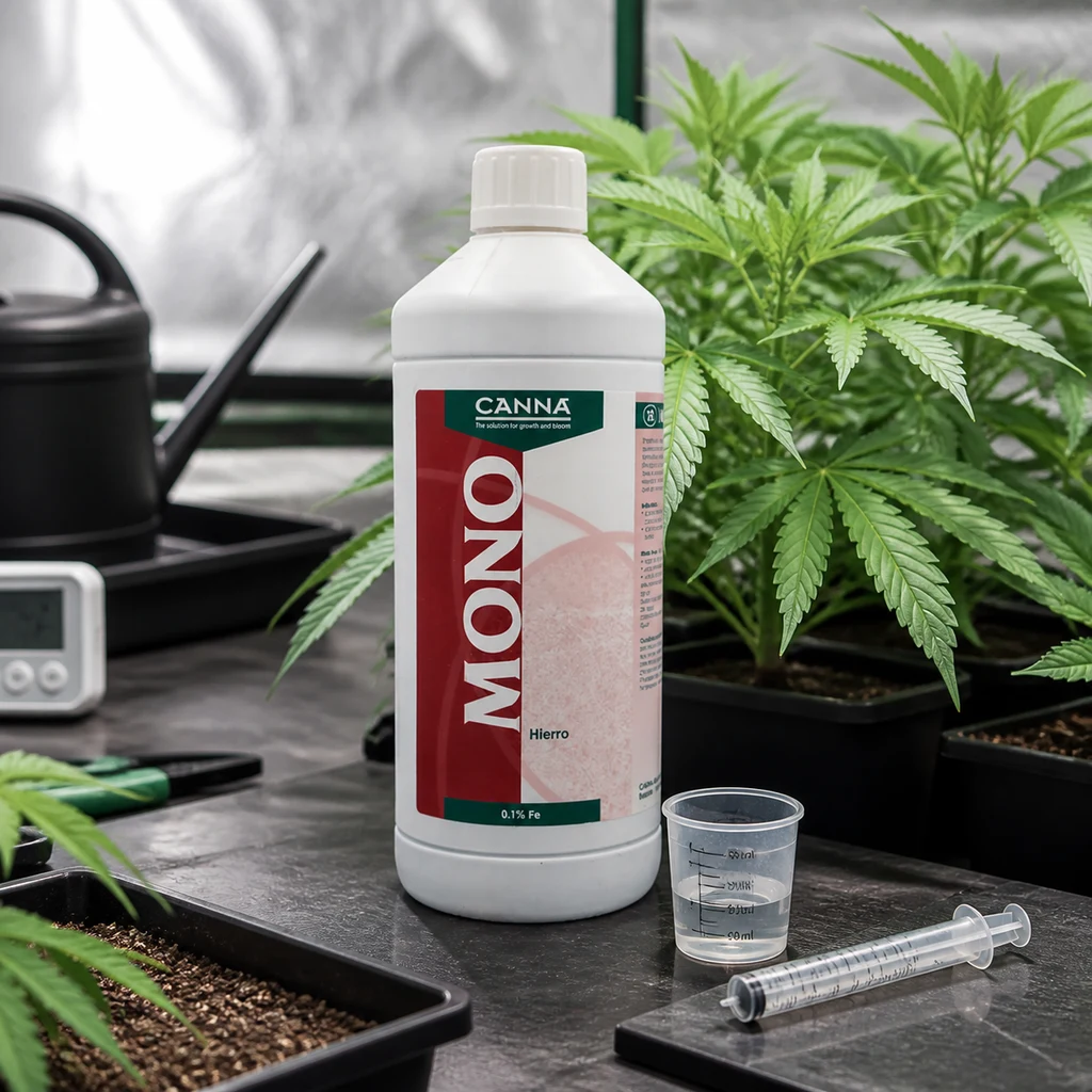 Bote de Canna Mono Hierro junto a un vaso dosificador y una jeringa, sobre una mesa con plantas de cannabis al fondo. Bote de Canna Mono Hierro junto a un vaso dosificador y una jeringa, sobre una mesa con plantas de cannabis al fondo.