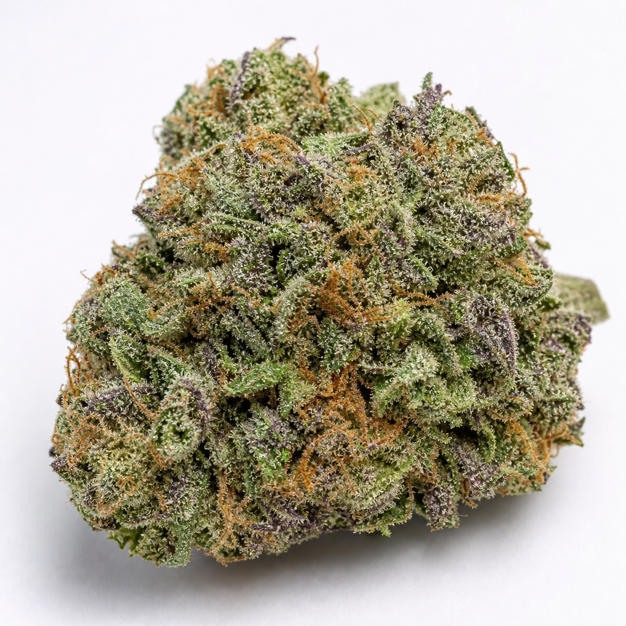 Cogollo de HighCloudZ de Green House Seeds en primer plano, con hojas verdes y moradas, filamentos naranjas y superficie blanquecina.