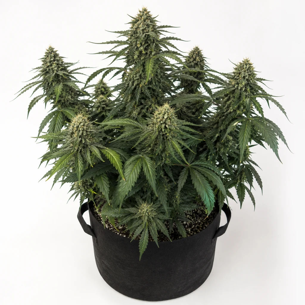 Ilustración de una planta en floración para la ficha de Hindu Kush Regular, con hojas verdes y cogollos alargados en una maceta negra con asas.