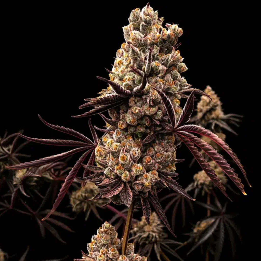 Cogollo de Hokuzan Feminizada – World Breeders con pistilos anaranjados y hojas de tonos púrpura oscuro sobre fondo negro.