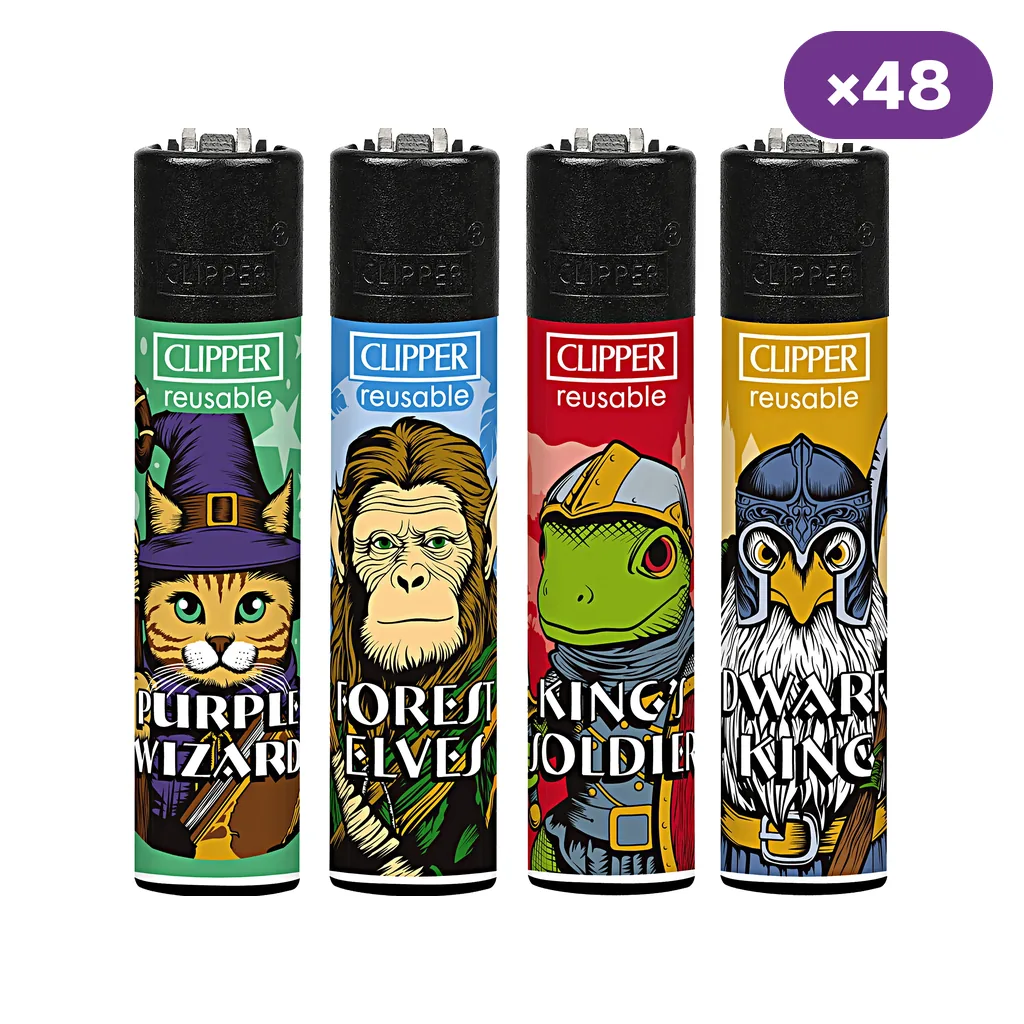 Selección de encendedores Clipper Hollywood Animals con personajes animales de fantasía, cuerpos de colores y distintivo de 48 unidades.