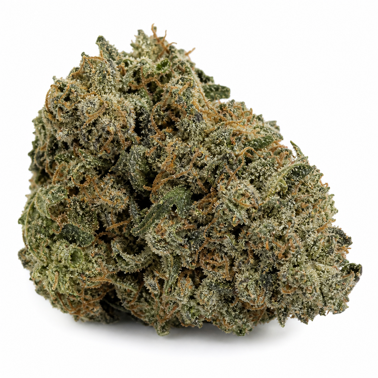 Cogollo de Honey Cream Fast Version de Royal Queen Seeds, de contorno ancho e irregular, tonos verdes y filamentos anaranjados sobre fondo blanco.