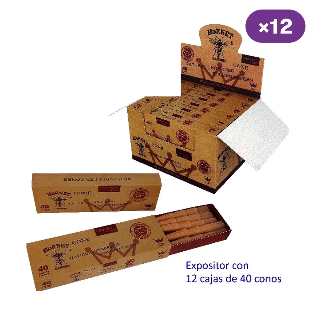 Expositor Hornet y cajitas de conos marrones, una abierta mostrando su contenido; el texto indica 12 cajas de 40 conos.