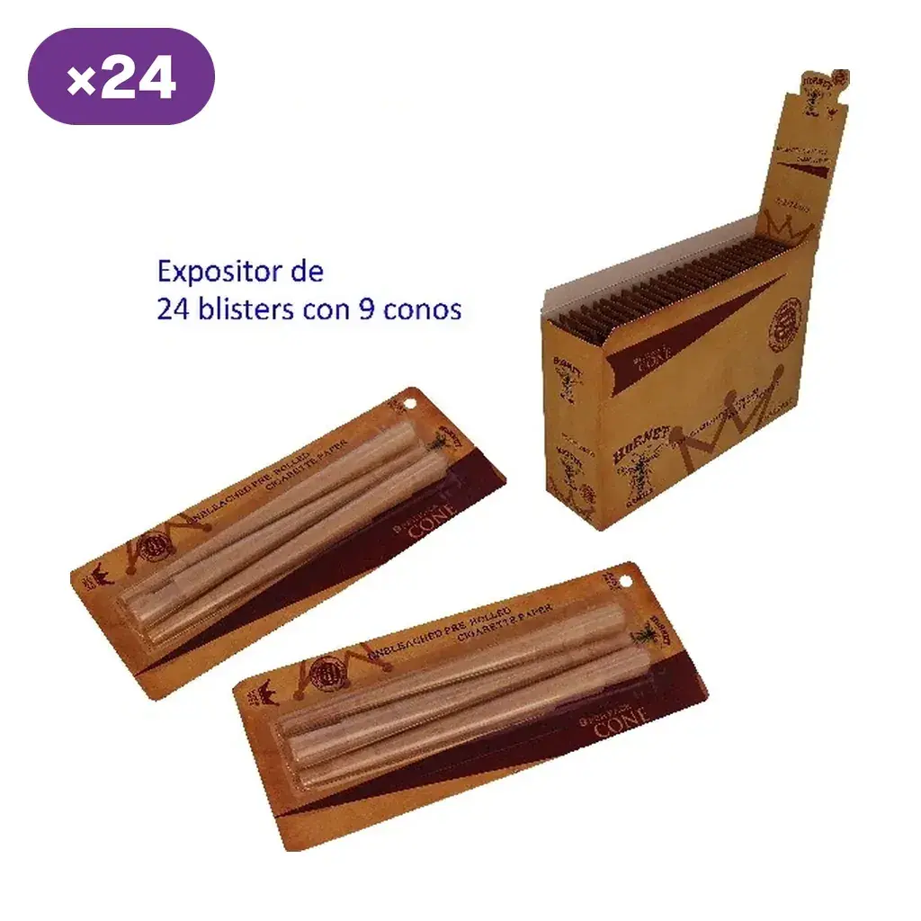 Conos Hornet en blísteres de cartón marrón junto a un expositor abierto, con el texto «24 blísters con 9 conos».