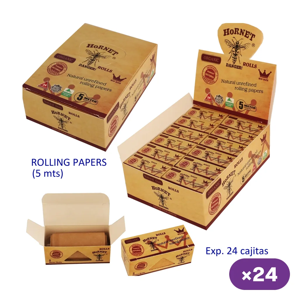 Papel de liar Hornet Rolls en caja cerrada, expositor abierto de 24 cajitas y envases individuales, uno abierto con el papel visible.