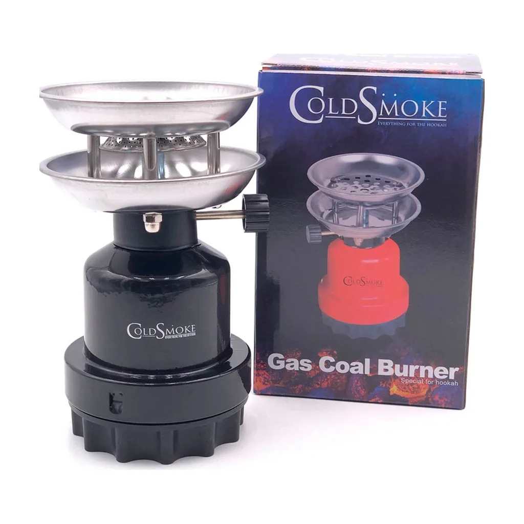 Hornillo de gas Cold Smoke negro para cachimba, con bandejas metálicas y mando lateral, junto a su caja.