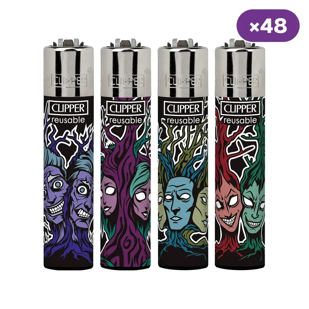 Selección de encendedores Clipper Horror Days 4 con rostros de terror multicolores, cabezales plateados e indicación de 48 unidades.