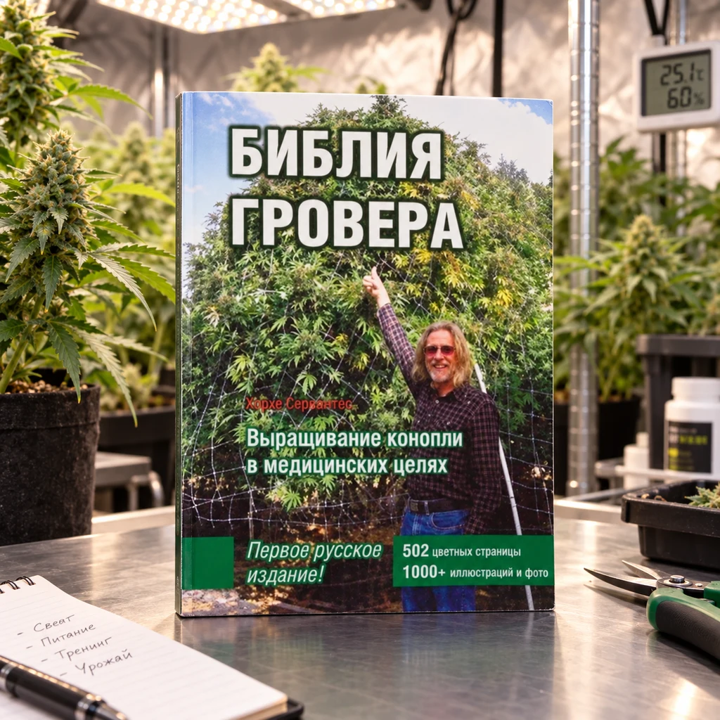 Libro de horticultura de cannabis de Jorge Cervantes en ruso, de pie sobre una mesa entre plantas, con un hombre en la portada. Libro de horticultura de cannabis de Jorge Cervantes en ruso, de pie sobre una mesa entre plantas, con un hombre en la portada.