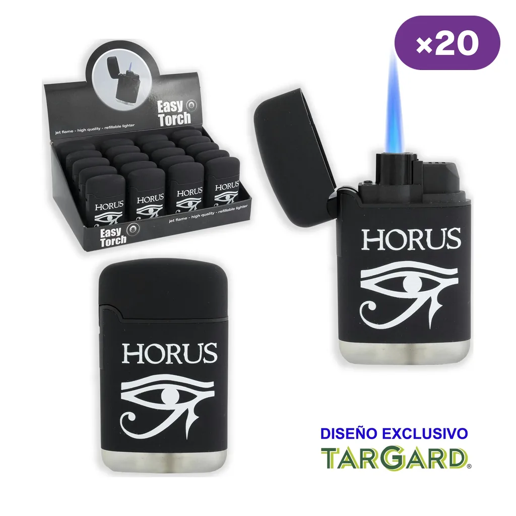 Mechero negro Horus con ojo blanco, mostrado cerrado y abierto con llama azul, junto a un expositor y el distintivo ×20.
