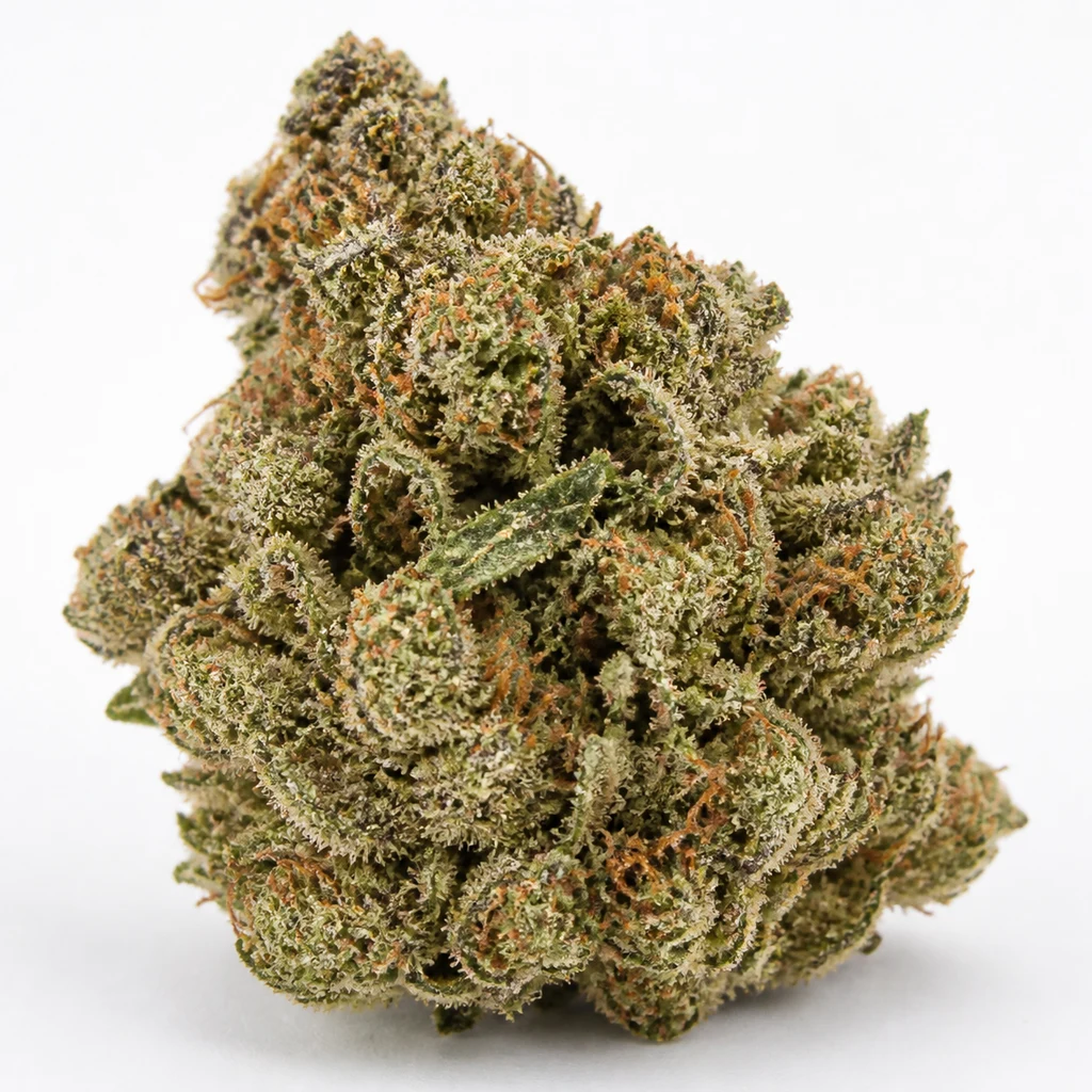 Ilustración de un cogollo verde de forma triangular, con pistilos naranjas y tricomas claros, para la ficha de Humboldt Headband.