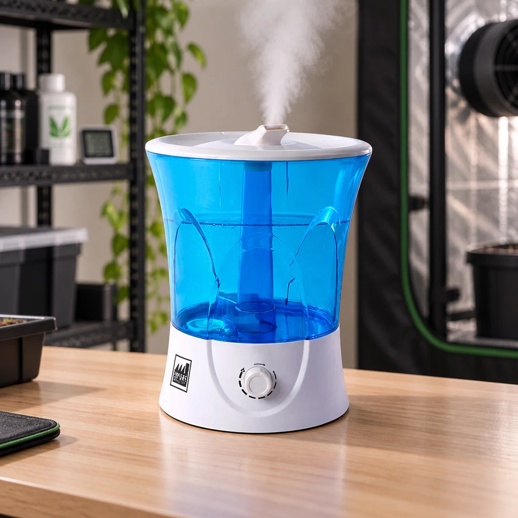 Humidificador VDL Megamist con depósito azul y base blanca sobre una mesa, con una columna de niebla junto a un armario de cultivo.