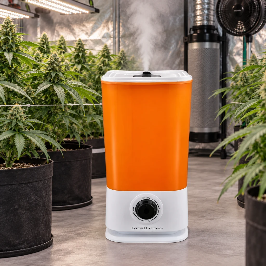 Humidificador Cornwall Electronics naranja y blanco con mando frontal, entre plantas bajo luces y con una nube de vapor al fondo. Humidificador Cornwall Electronics naranja y blanco con mando frontal, entre plantas bajo luces y con una nube de vapor al fondo.