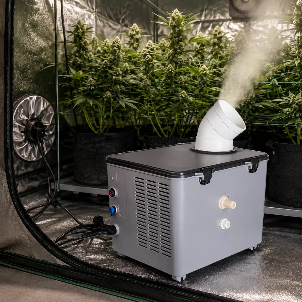 Humidificador Monsoon gris con tapa negra y salida blanca inclinada, representado emitiendo niebla en un armario con plantas. Humidificador Monsoon gris con tapa negra y salida blanca inclinada, representado emitiendo niebla en un armario con plantas.