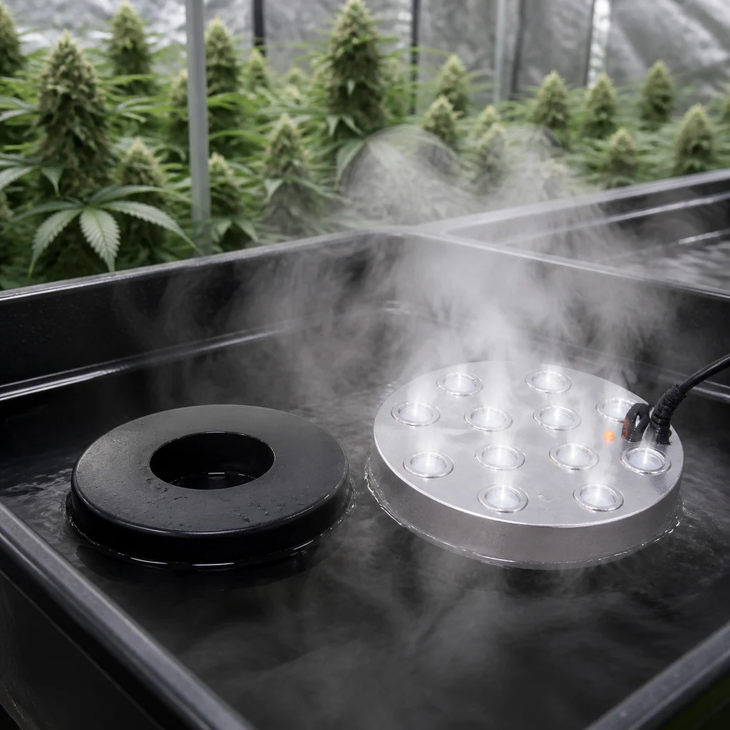 Humidificador ultrasónico circular con varias membranas y cable en una bandeja con agua y niebla, junto a un flotador negro y plantas al fondo.