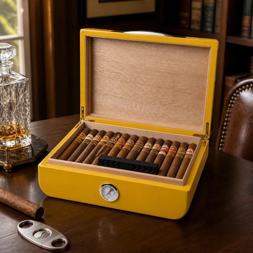 Humidor de Puros Yellow Carbon abierto, con varios puros e indicador circular frontal, sobre una mesa junto a un cortapuros. Humidor de Puros Yellow Carbon abierto, con varios puros e indicador circular frontal, sobre una mesa junto a un cortapuros.