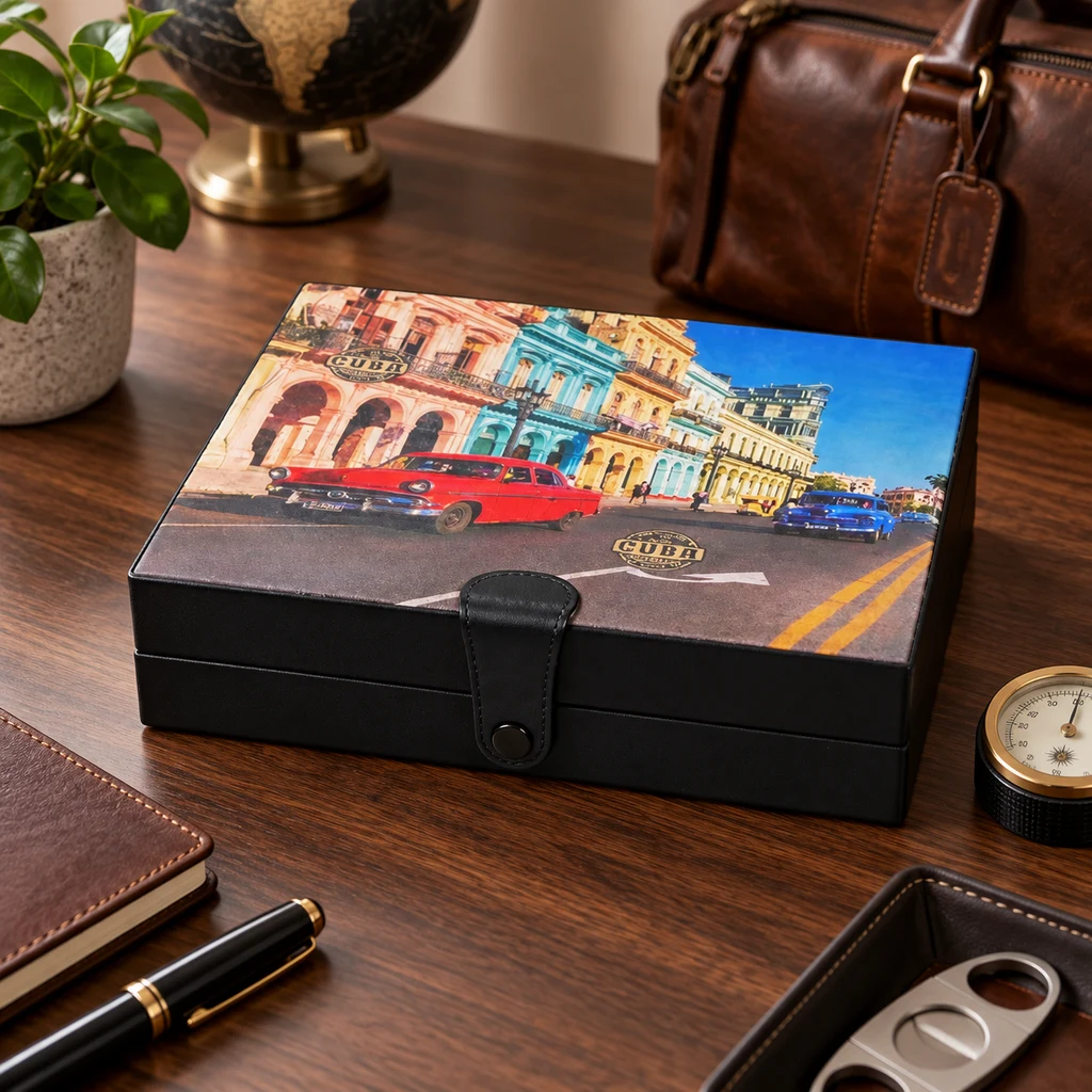 Humidor cerrado con cierre frontal negro y tapa ilustrada con edificios y coches clásicos de Cuba, sobre un escritorio de madera.