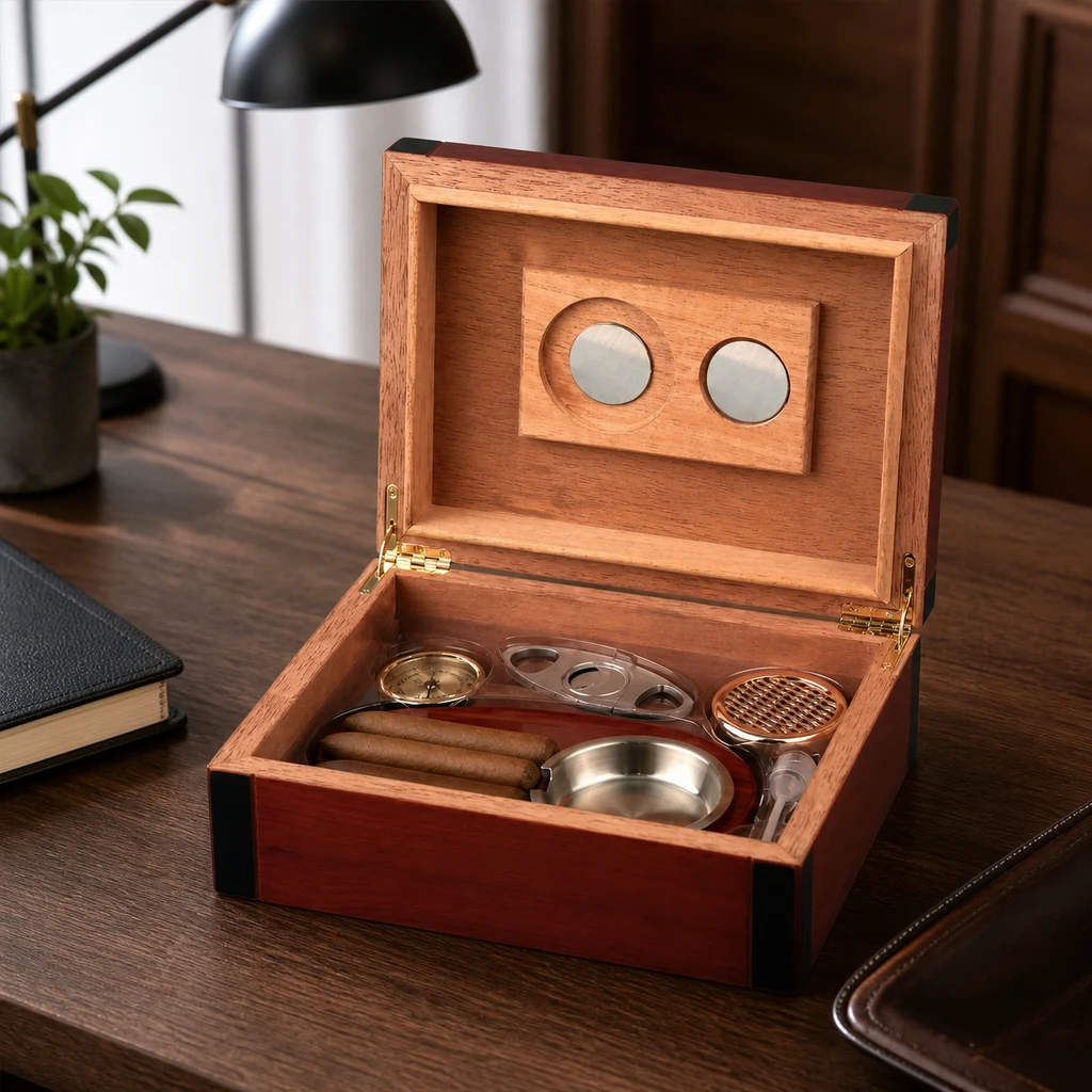 Humidor de madera abierto sobre un escritorio, con puros, cortapuros y accesorios metálicos en el interior y dos discos en la tapa. Humidor de madera abierto sobre un escritorio, con puros, cortapuros y accesorios metálicos en el interior y dos discos en la tapa.