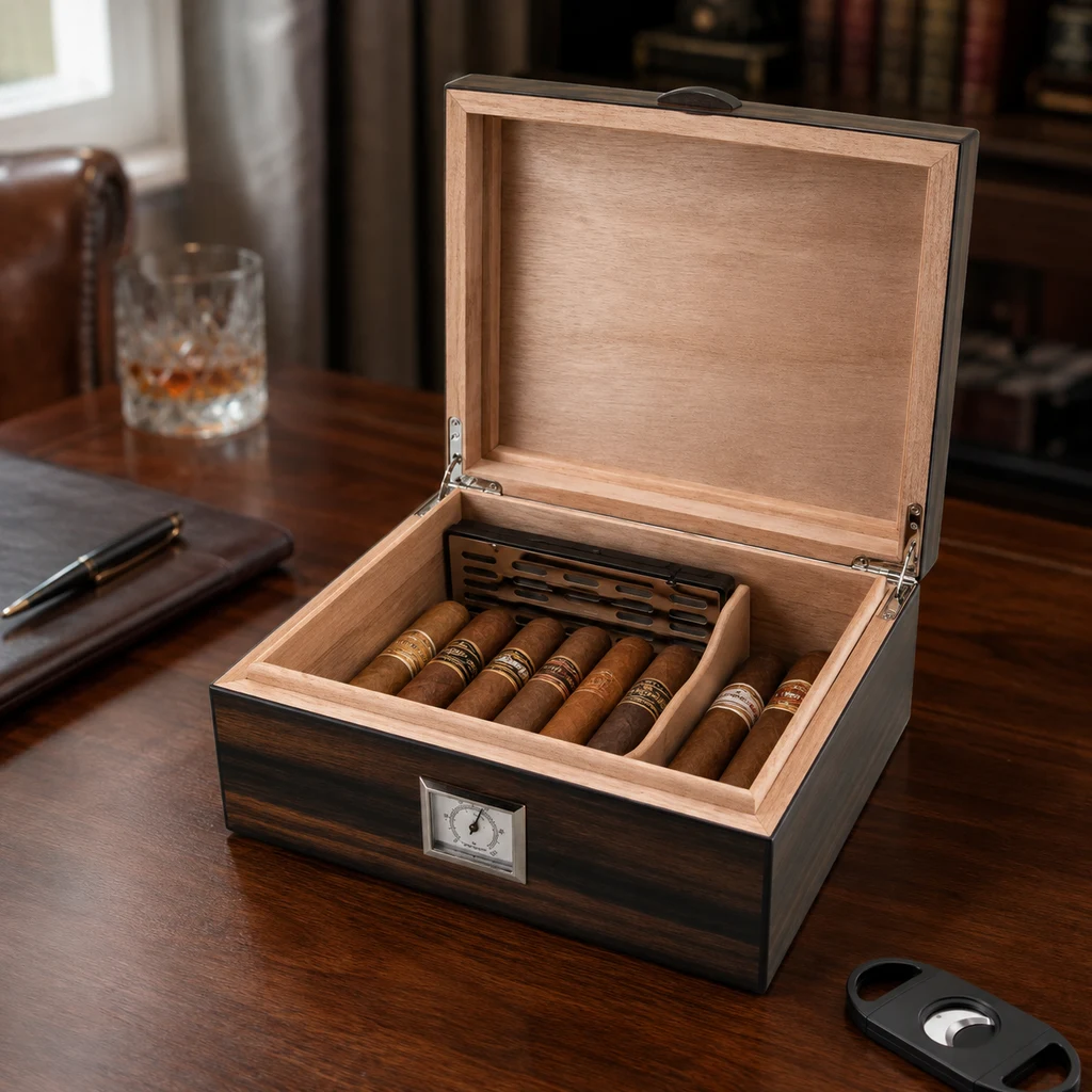 Humidor Leaf abierto con puros, separador interior, humidificador y un higrómetro frontal; sobre la mesa hay un cortapuros. Humidor Leaf abierto con puros, separador interior, humidificador y un higrómetro frontal; sobre la mesa hay un cortapuros.