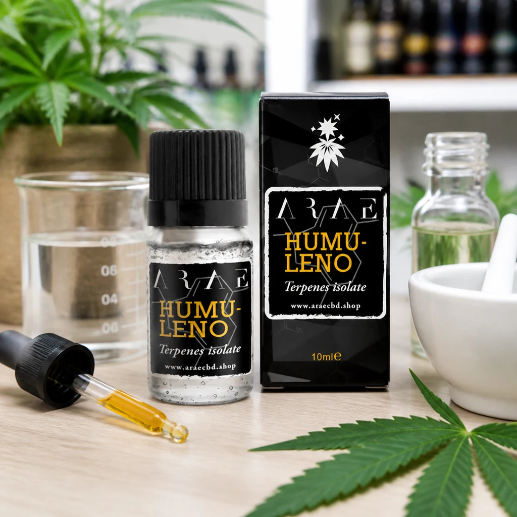 Frasco de Terpeno Puro Humuleno junto a su caja negra, con un cuentagotas de líquido amarillo y utensilios sobre la mesa.
