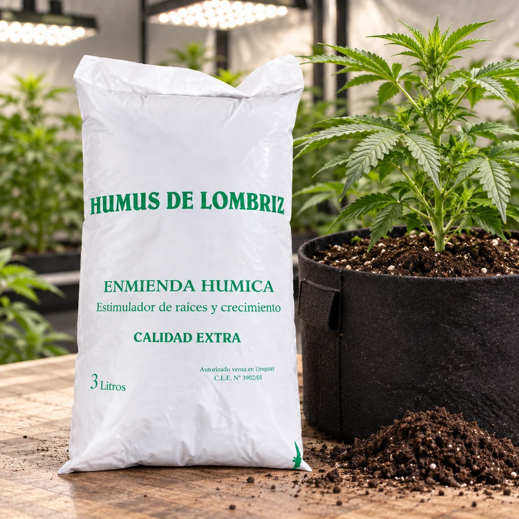 Saco blanco de Humus de Lombriz 3 L con letras verdes, junto a una maceta con una planta de cannabis y sustrato sobre la mesa.