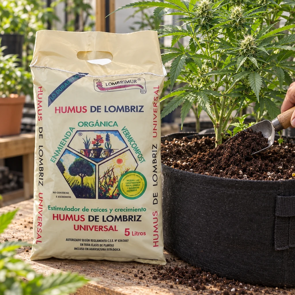 Bolsa de humus Lombrimur junto a una maceta textil con una planta; una mano sostiene una pala con sustrato sobre la tierra.