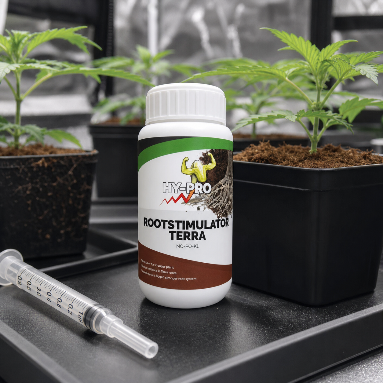 Bote de RootStimulator Terra HY-PRO junto a una jeringa dosificadora y macetas con plantas jóvenes en un espacio de cultivo.