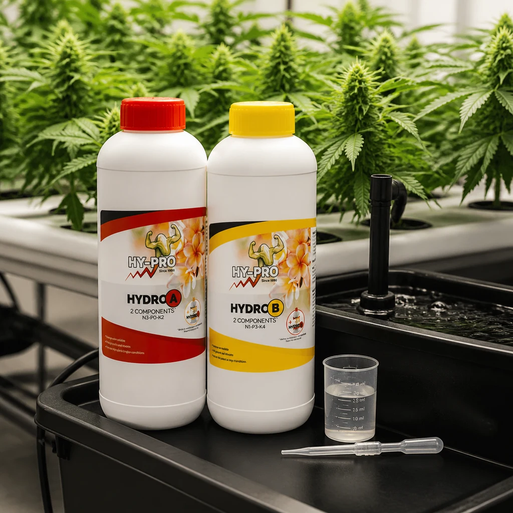Escena generada de Hydro A y B HY-PRO con tapones rojo y amarillo, vaso graduado y pipeta ante plantas de cannabis.
