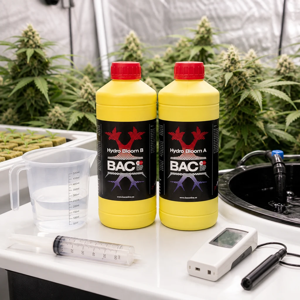 Dos botellas amarillas de BAC Hydro Bloom A y B con tapones rojos, junto a una jarra graduada, una jeringa y un medidor en un cultivo interior.