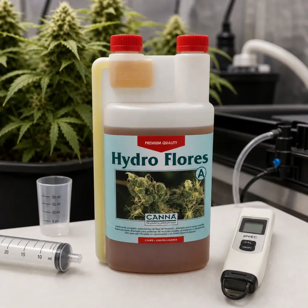 Envase Canna Hydro Flores A con tapones rojos junto a un vaso graduado, una jeringa y un medidor de pH/EC, con plantas al fondo.