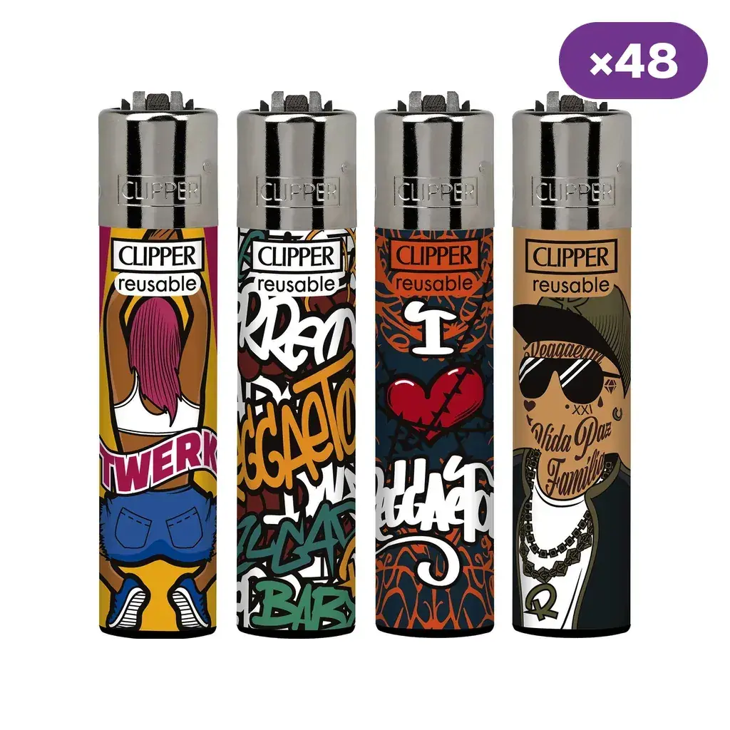 Selección de encendedores Clipper con diseños de grafiti, figura de espaldas y personaje con gafas; distintivo de 48 unidades.