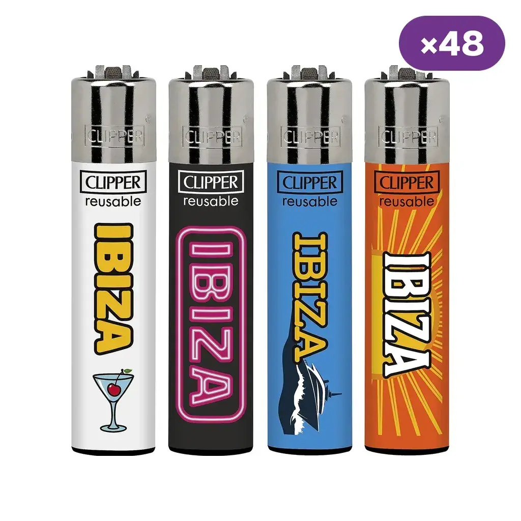 Selección de encendedores Clipper con diseños Ibiza en blanco, negro, azul y naranja, con distintos motivos y distintivo de 48 unidades.