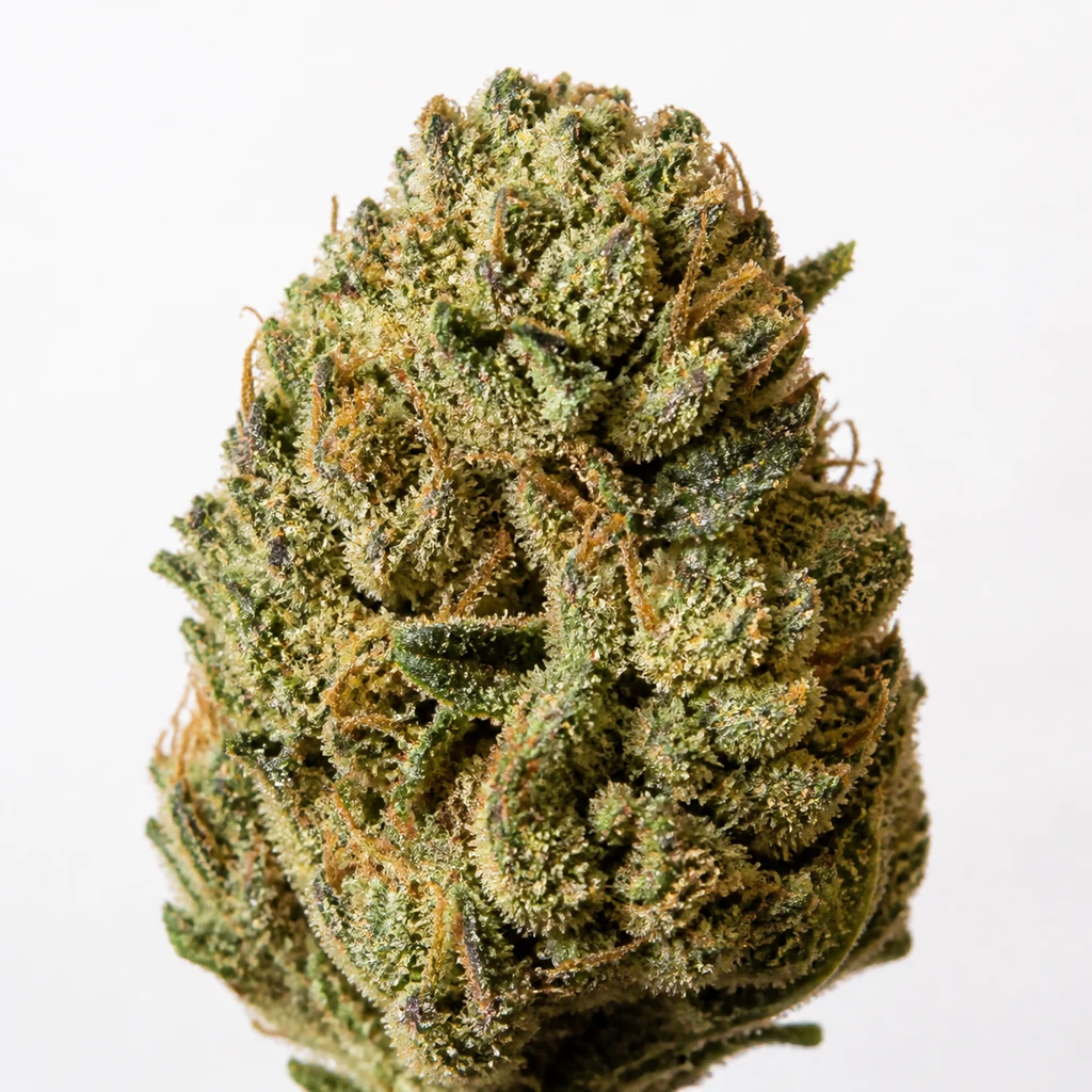 Ilustración de un cogollo verde de forma cónica, con pistilos anaranjados y superficie cubierta de tricomas, para la ficha de Ice Nirvana Feminizada.