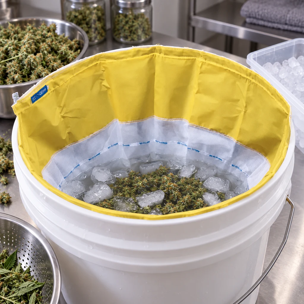 Escena generada de una bolsa filtrante amarilla dentro de un cubo blanco, con agua, hielo y material vegetal. Escena generada de una bolsa filtrante amarilla dentro de un cubo blanco, con agua, hielo y material vegetal.