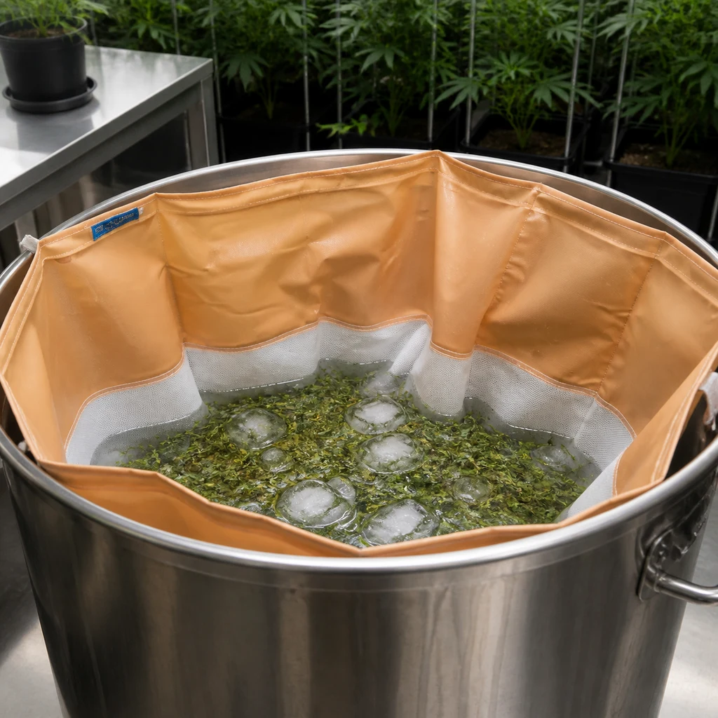 Bolsa filtrante naranja con paneles de malla dentro de un recipiente metálico, con agua, hielo y restos vegetales.