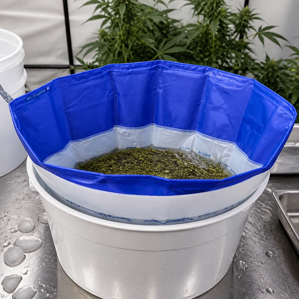 Bolsa de filtrado azul con malla blanca dentro de un cubo blanco, con agua y restos vegetales en su interior sobre una superficie metálica. Bolsa de filtrado azul con malla blanca dentro de un cubo blanco, con agua y restos vegetales en su interior sobre una superficie metálica.