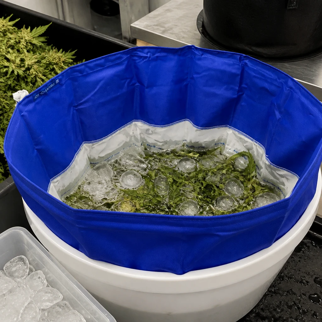 Escena generada de una bolsa azul Ice O Lator dentro de un cubo blanco, con agua, hielo y materia vegetal en su interior. Escena generada de una bolsa azul Ice O Lator dentro de un cubo blanco, con agua, hielo y materia vegetal en su interior.